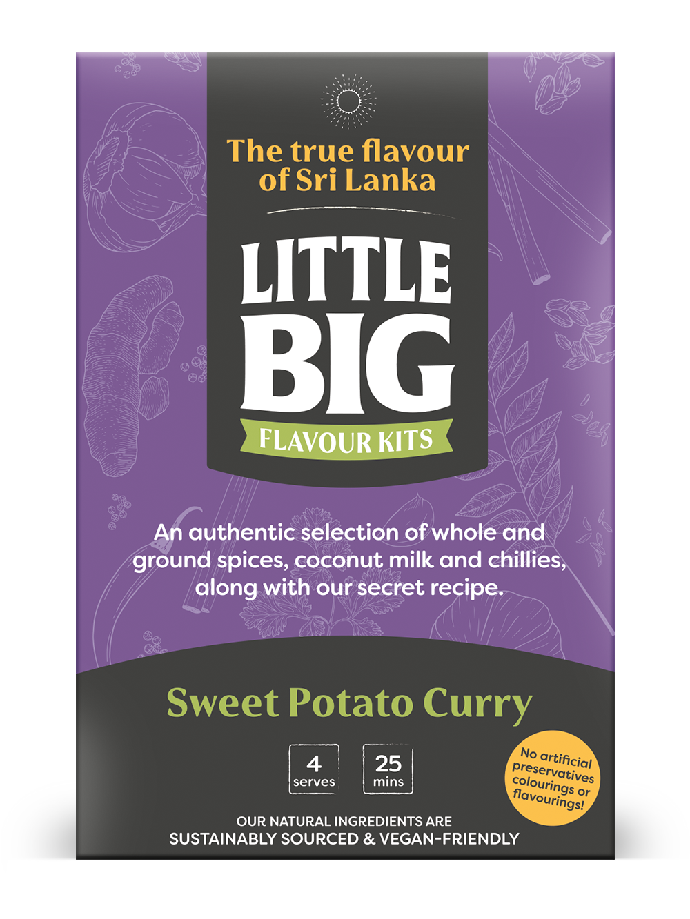 A package of 'Little Big Flavour Kit - Sweet Potato Curry' with branding and text indicating it's a product of Sri Lanka, featuring an illustration of a sweet potato and chili leaves. The package is purple with a white and green text overlay.