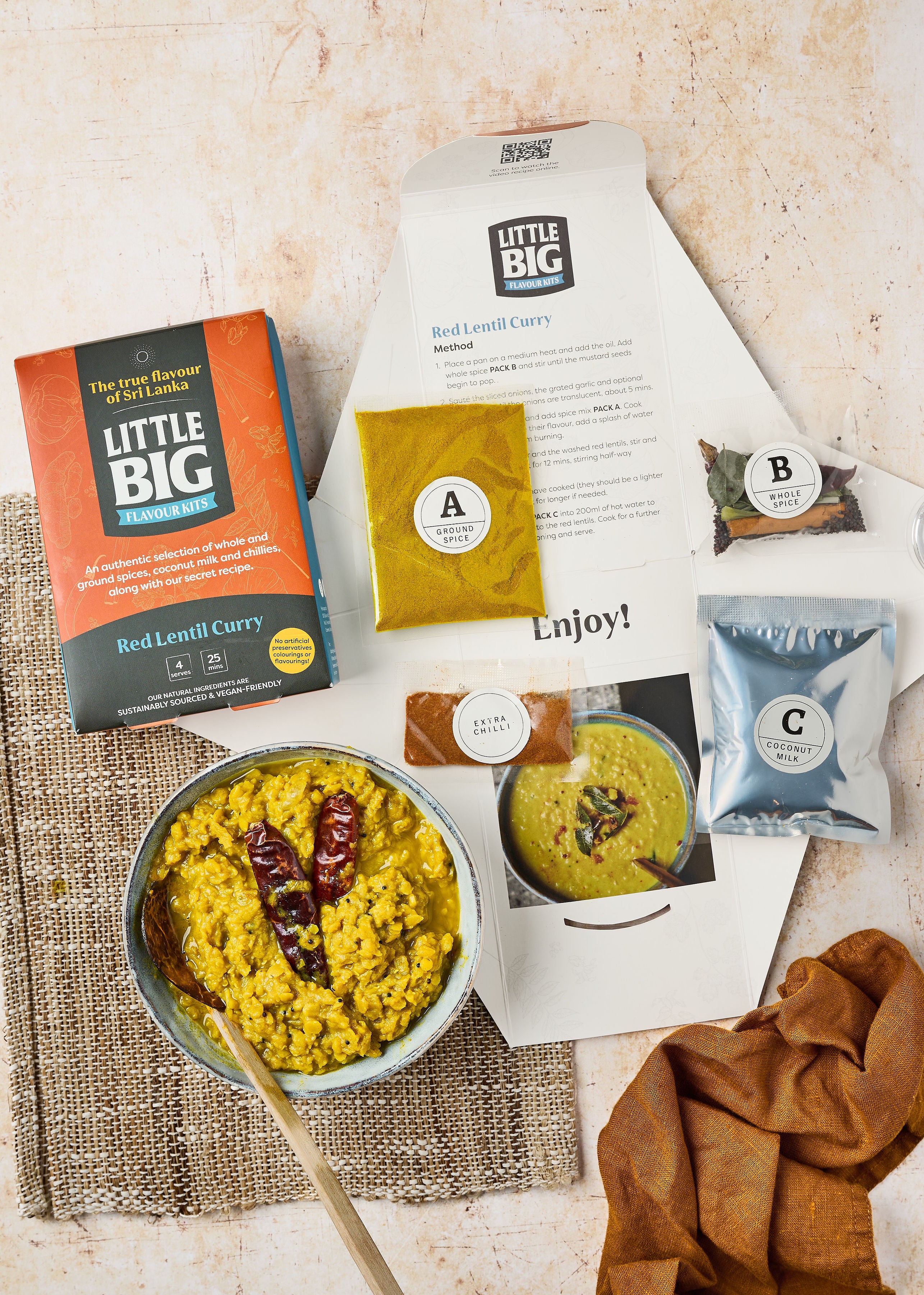 Open Red Lentil Curry Kit beside a cooked Sri Lankan red lentil curry