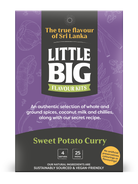 A package of 'Little Big Flavour Kit - Sweet Potato Curry' with branding and text indicating it's a product of Sri Lanka, featuring an illustration of a sweet potato and chili leaves. The package is purple with a white and green text overlay.