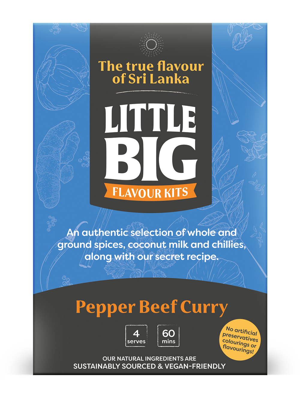 Packaging of Little Big Flavour Kits Pepper Beef Curry, highlighting its authentic selection of whole ground spices, coconut milk and chilli along with the secret recipe.