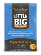 Packaging of Little Big Flavour Kits Pepper Beef Curry, highlighting its authentic selection of whole ground spices, coconut milk and chilli along with the secret recipe.